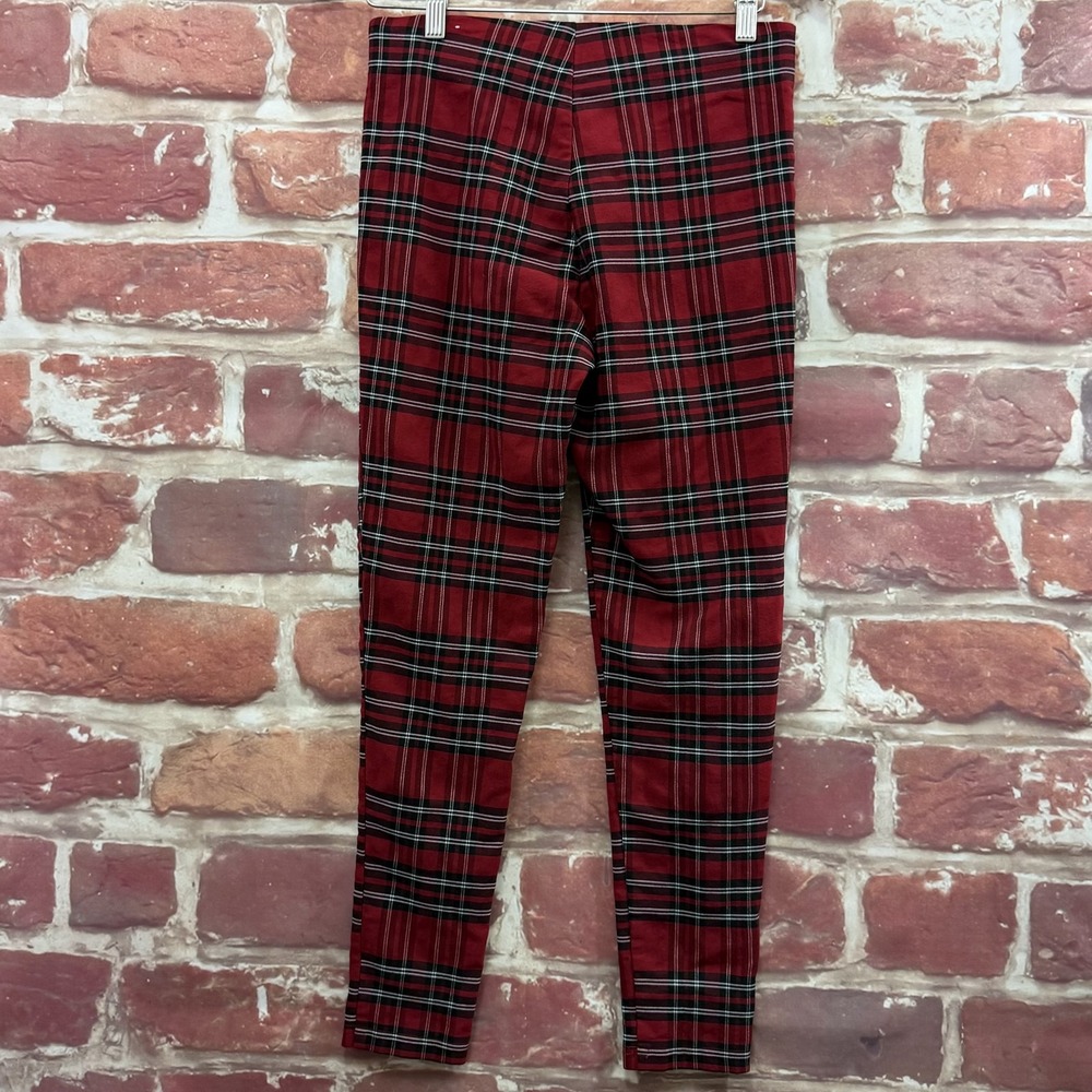 Zara Pants Women's Medium Red Multicolor Plaid Skinny Zipper Accent Trousers